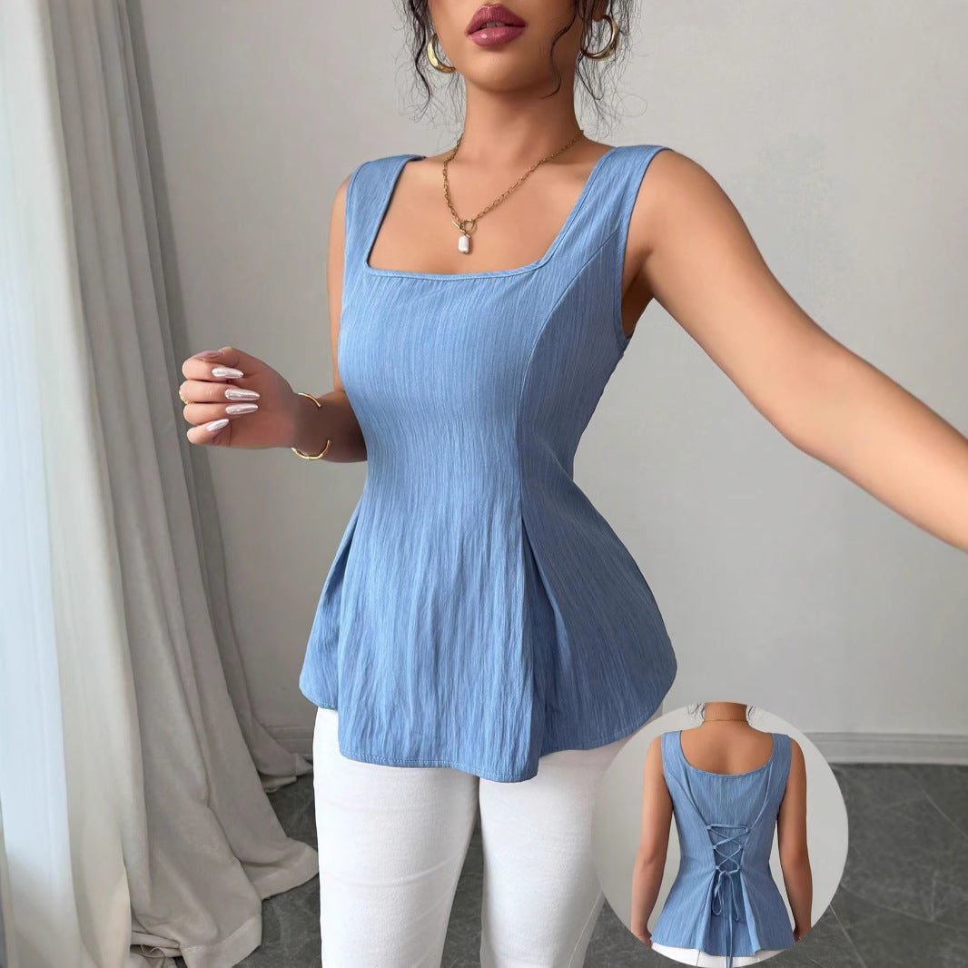 Womens Sleeveless Tank Top with Square Neck and Peplum Flare Hem