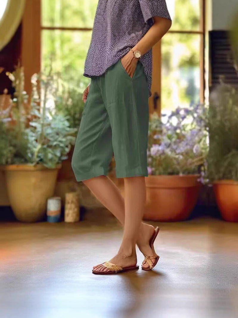 Womens Cropped Capri Trousers Linen Blend Relaxed Fit