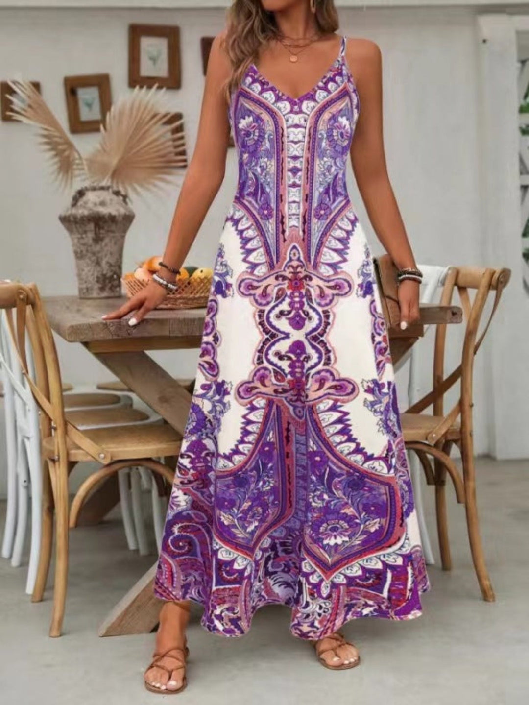 Womens Maxi Dress Paisley Pattern V-Neck