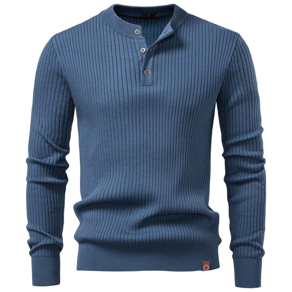 Mens Ribbed Knit Sweater Henley Stand Neck