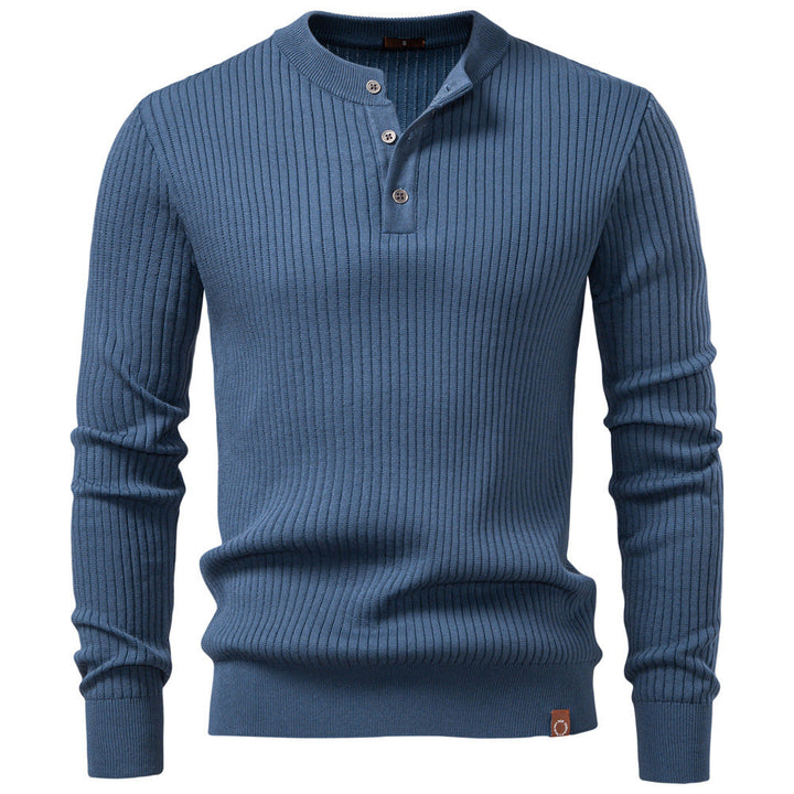 Mens Ribbed Knit Sweater Henley Stand Neck
