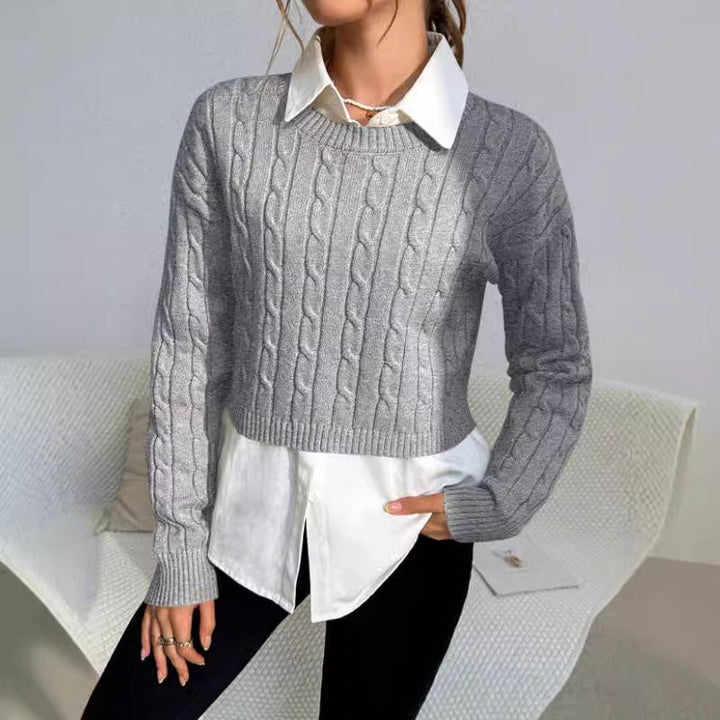 Womens Crewneck Sweater Cable Knit Short Sleeve