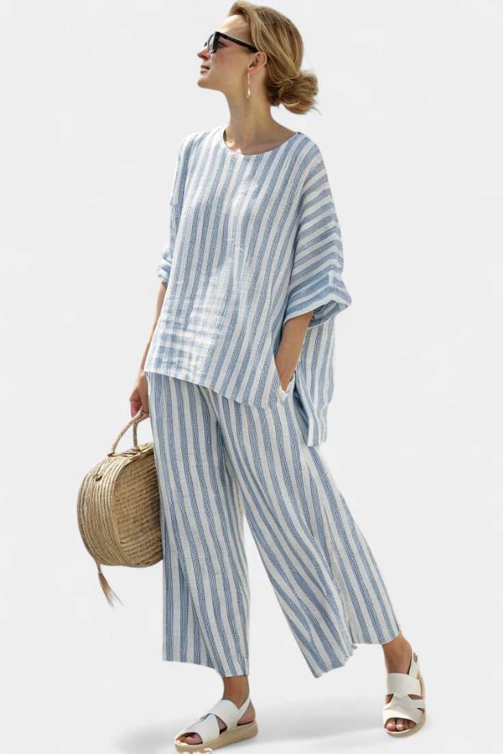 Womens Linen Top with Stripes Oversized and Wide-Leg Cropped Trousers - BritishMode