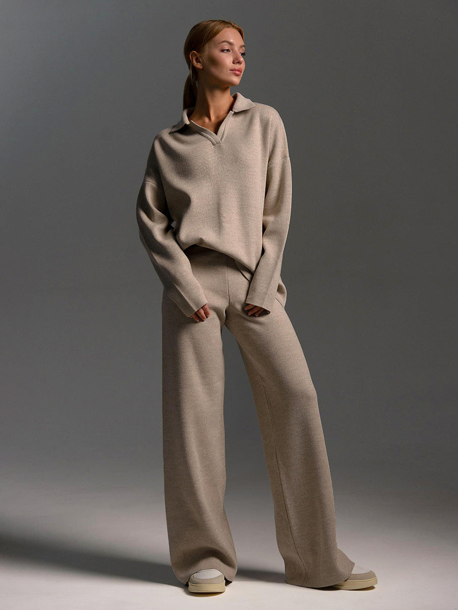 Womens Oversized Half-Zip Knit Sweater and Wide-Leg Trousers Set