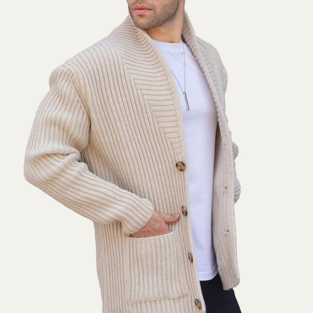 Mens Ribbed Cardigan Chunky Knit Deep Neckline