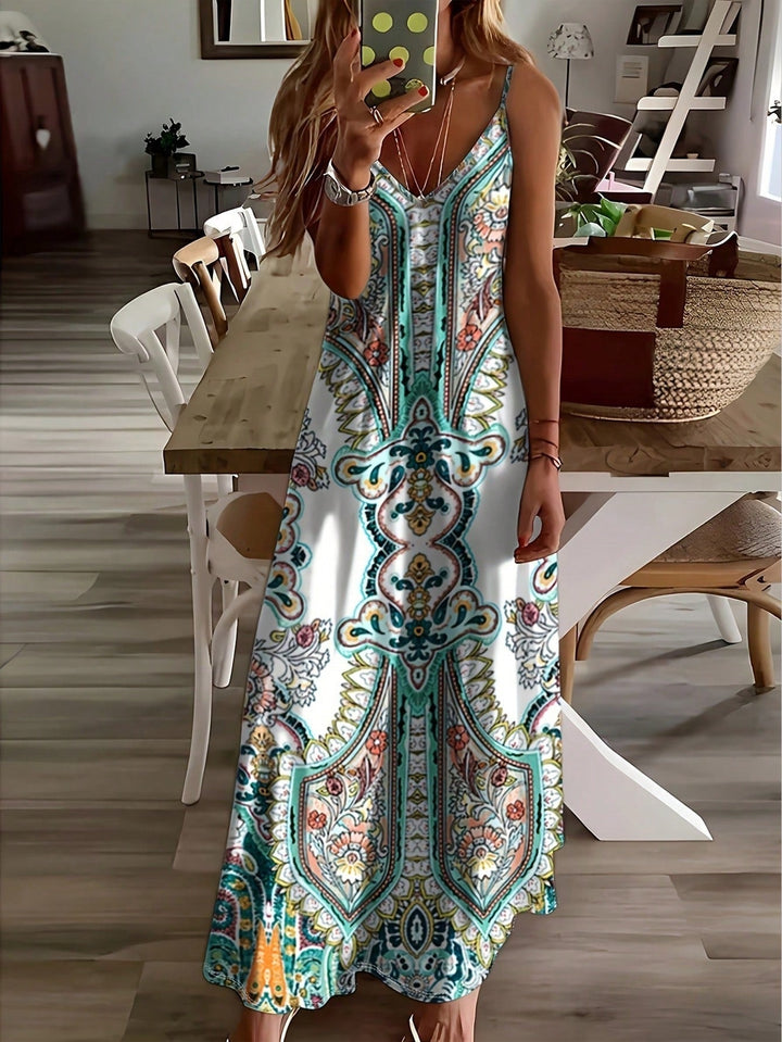 Womens Maxi Dress Paisley Pattern V-Neck