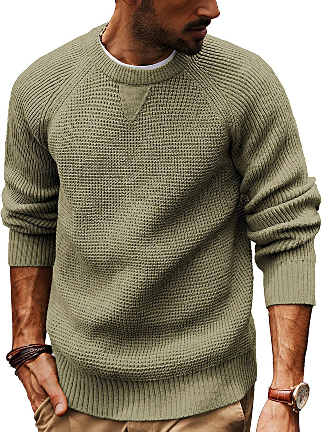 Mens Pullover Sweater Waffle Knit Raglan Fit