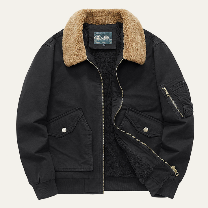 Mens Flight Jacket with Faux Shearling Collar Full Zip