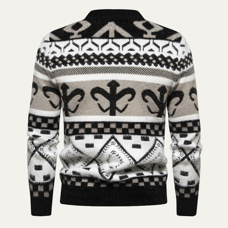 Mens Knit Sweater with Nordic Pattern Mock Neck