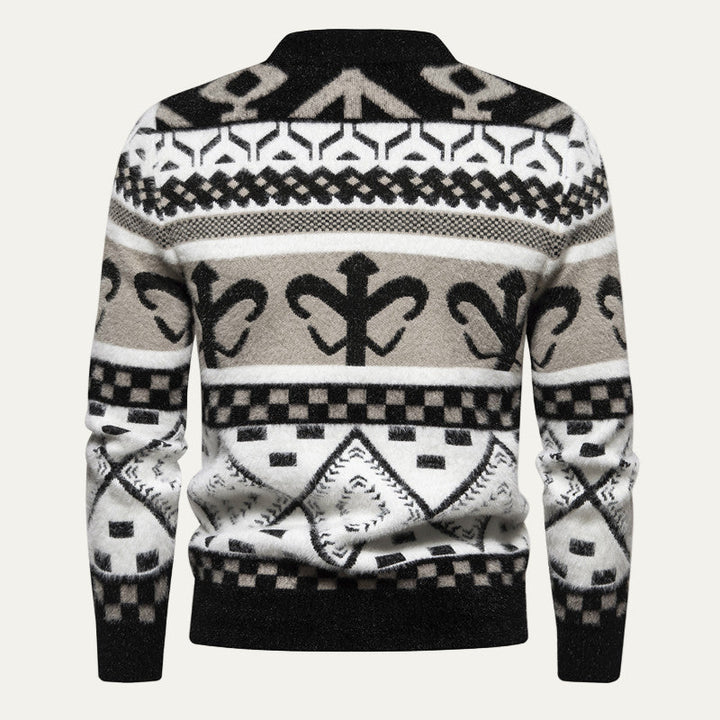 Mens Knit Sweater with Nordic Pattern Mock Neck