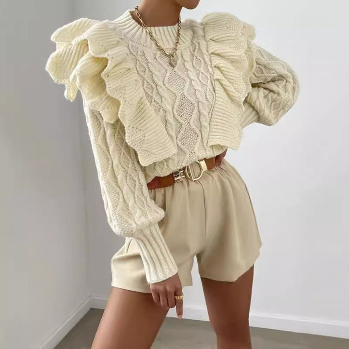 Womens Long Knit Sweater with Ruffles - BritishMode