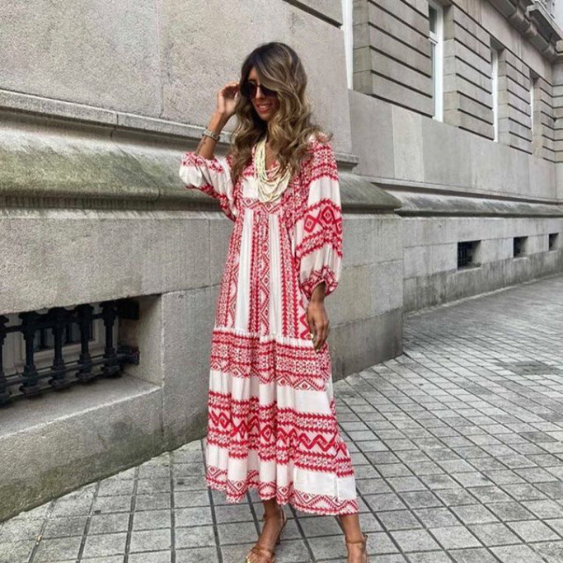 Womens Maxi Dress with Puff Sleeve and V-Neck Boho Style