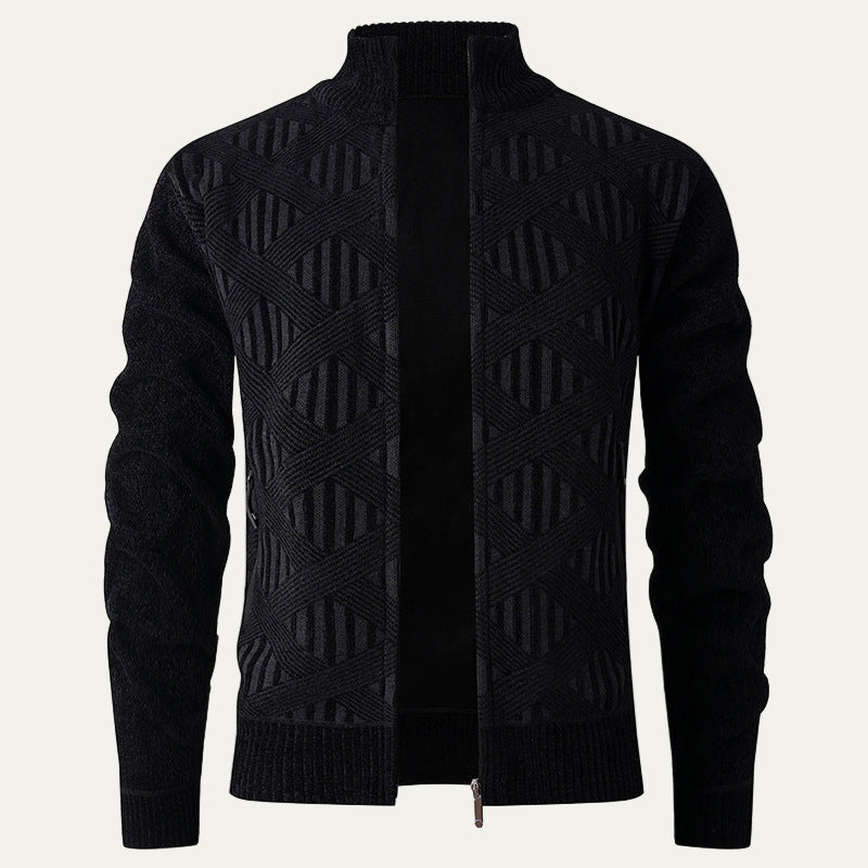 Mens Knit Zip Cardigan Geometric Pattern Modern Fit