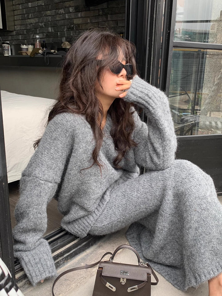 Womens V-Neck Sweater Cozy Knit and Midi Skirt Set