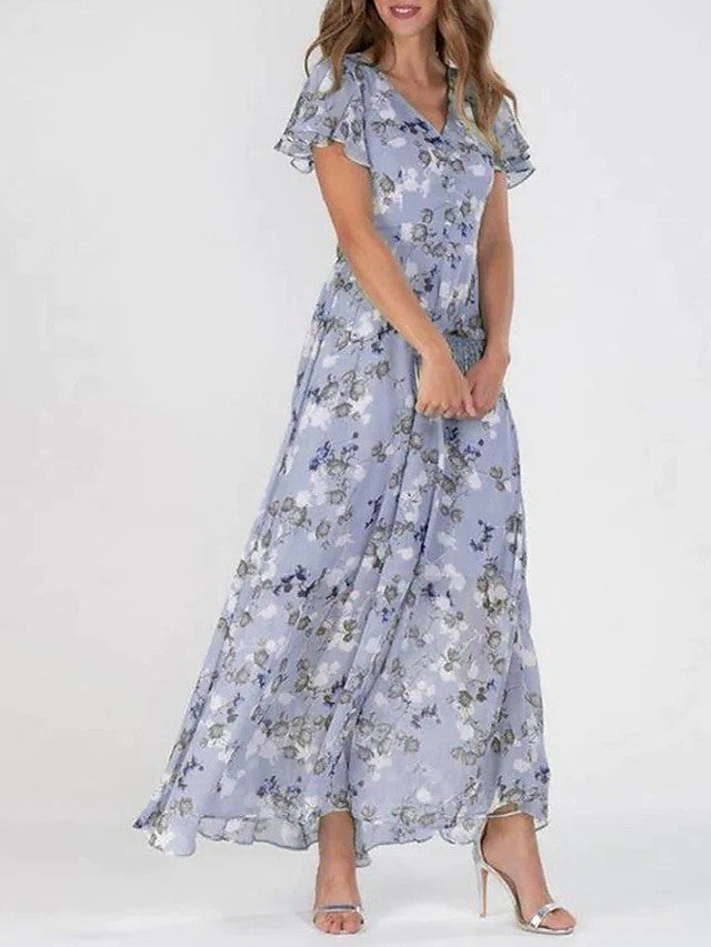 Womens Long Dress V-Neck Floral Pattern