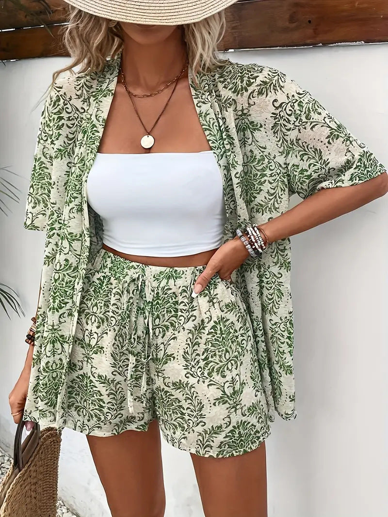 Womens Two-Piece Set Kimono Cardigan and Shorts Floral Lightweight