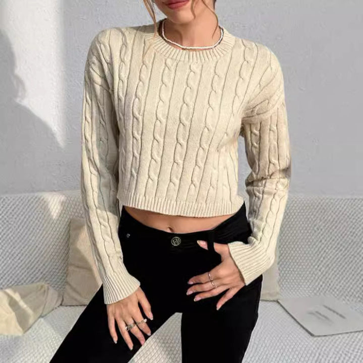 Womens Crewneck Sweater Cable Knit Short Sleeve - BritishMode