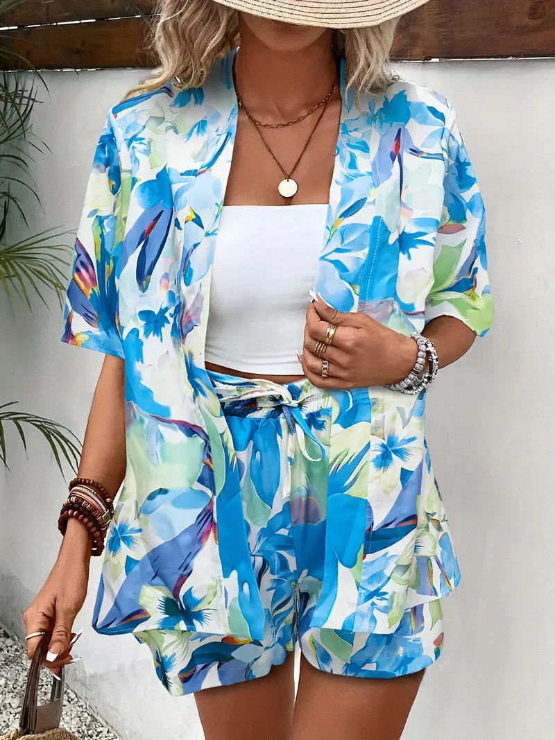 Womens Two-Piece Set Kimono Cardigan and Shorts Floral Lightweight