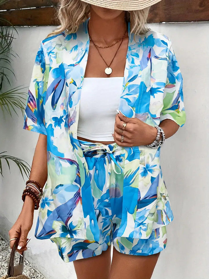 Womens Two-Piece Set Kimono Cardigan and Shorts Floral Lightweight