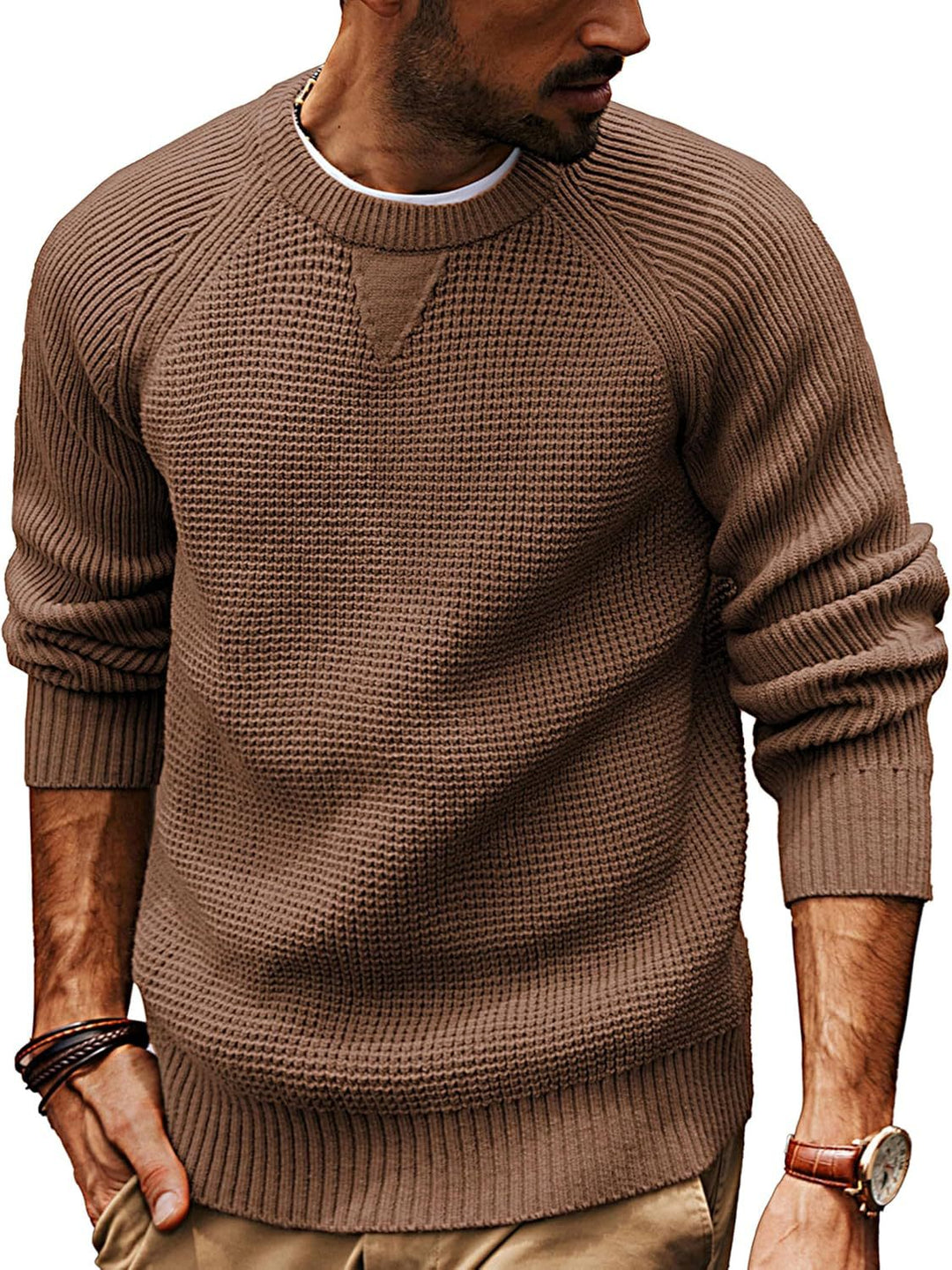 Mens Pullover Sweater Waffle Knit Raglan Fit