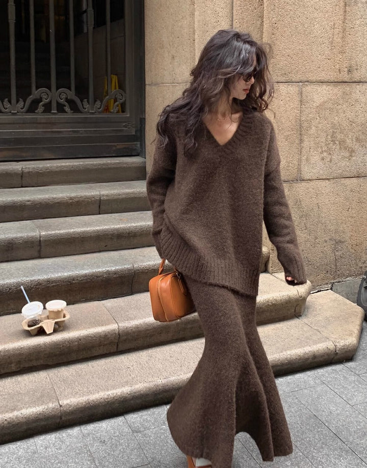 Womens V-Neck Sweater Cozy Knit and Midi Skirt Set - BritishMode