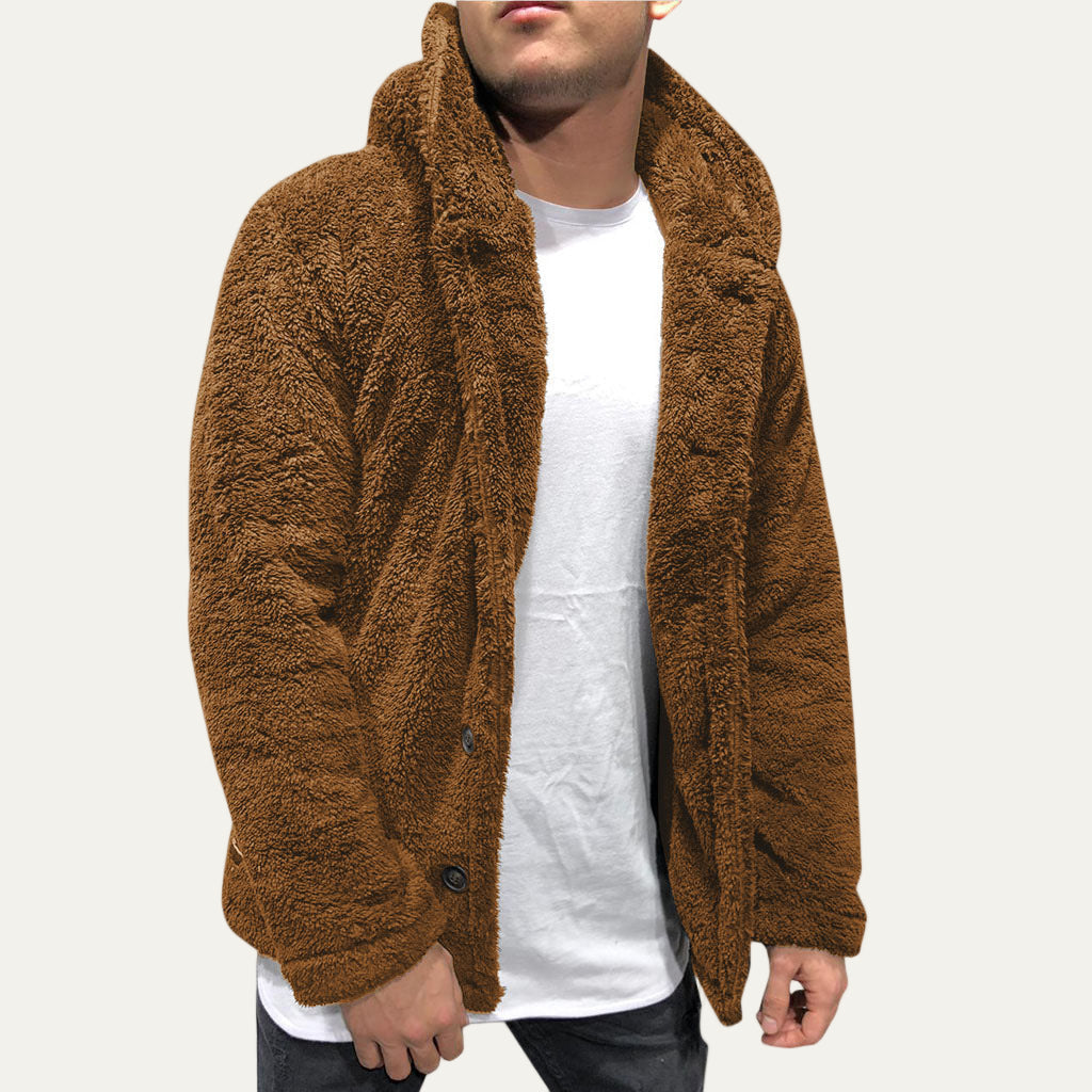 Mens Fleece Jacket Plush Hooded Button Front