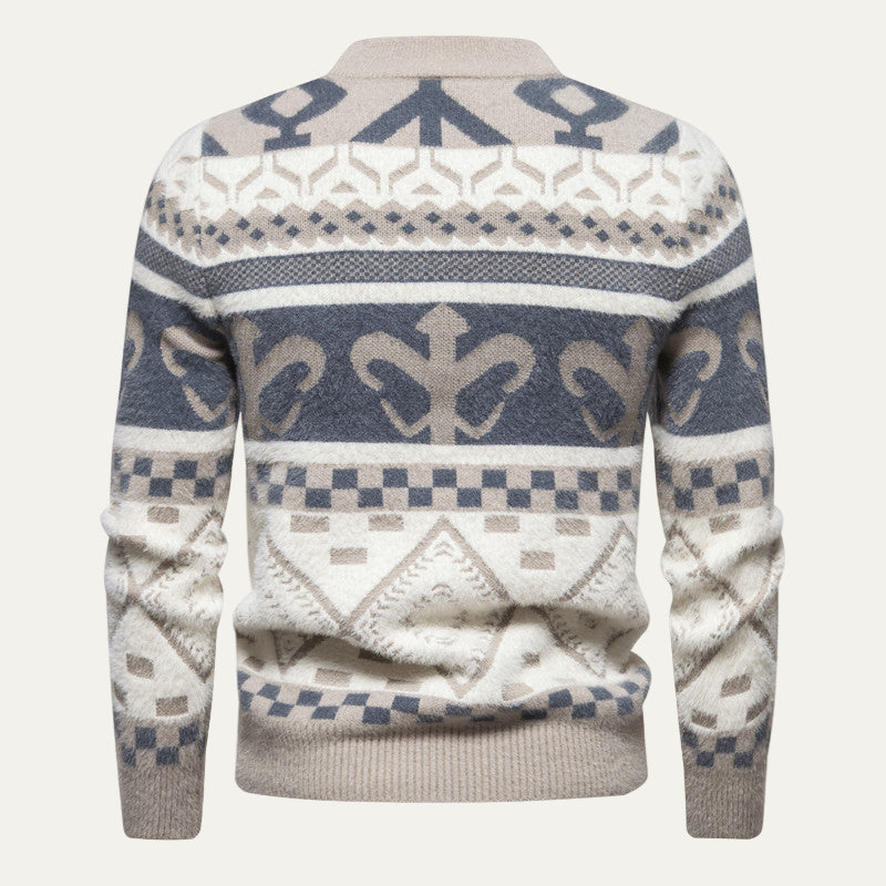 Mens Knit Sweater with Nordic Pattern Mock Neck