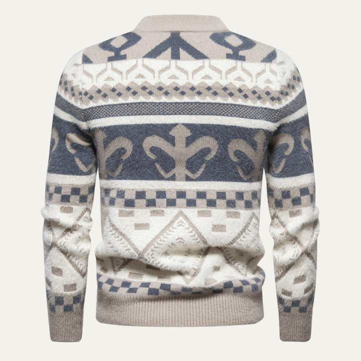 Mens Knit Sweater with Nordic Pattern Mock Neck