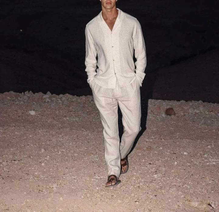 Mens Linen Shirt and Pants Set Relaxed Fit