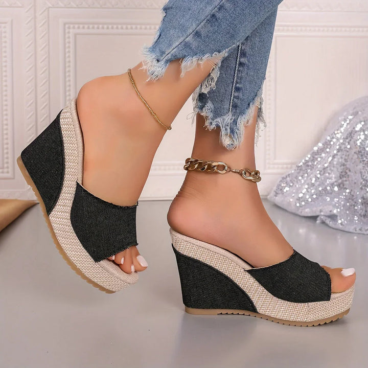 Womens Denim Wedge Slide Sandals Platform Heel