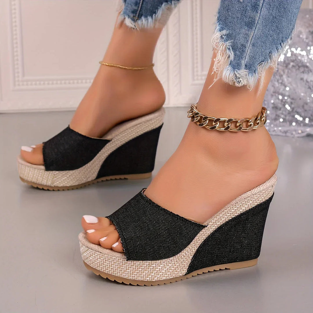 Womens Denim Wedge Slide Sandals Platform Heel