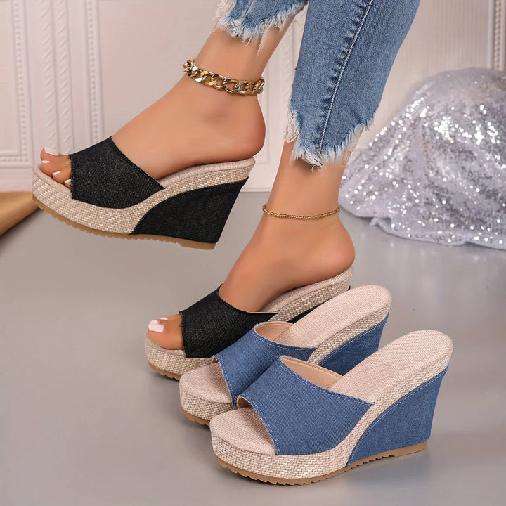Womens Denim Wedge Slide Sandals Platform Heel