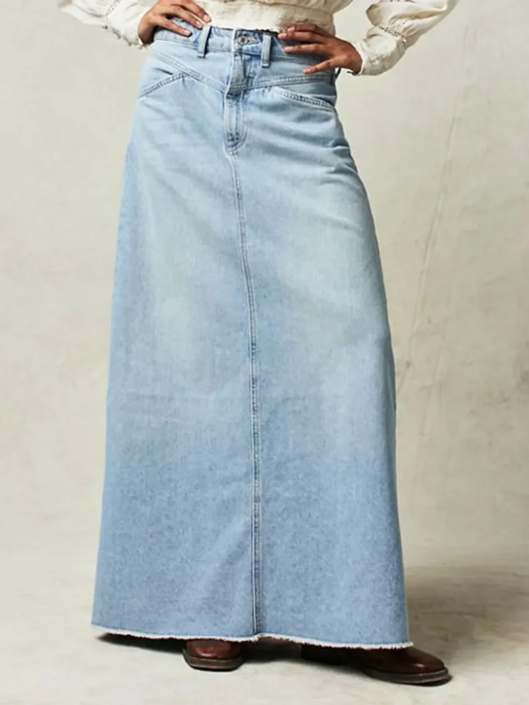 Womens High Waist Denim Maxi Skirt Vintage A-Line Fit - BritishMode