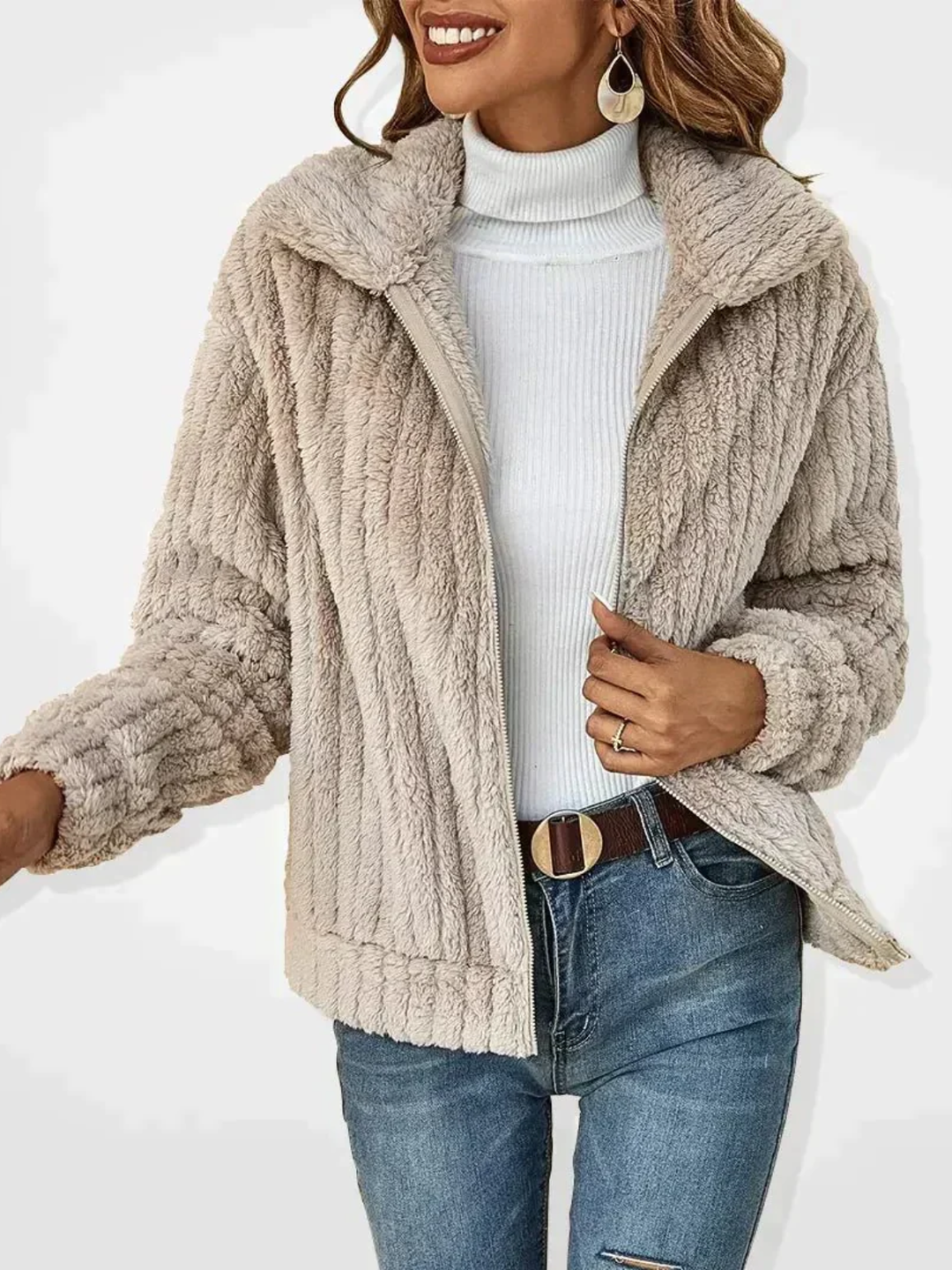 Womens Teddy Fleece Cardigan Plush Zip-Up Cozy Fit - BritishMode
