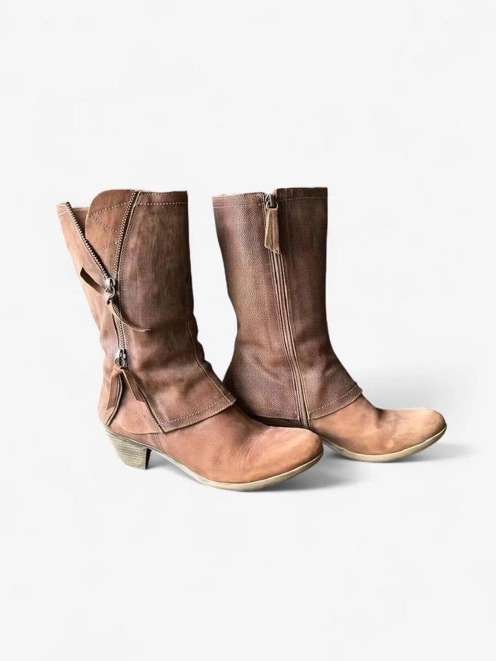 Womens Leather Mid-Calf Boots Zip Closure Block Heel - BritishMode