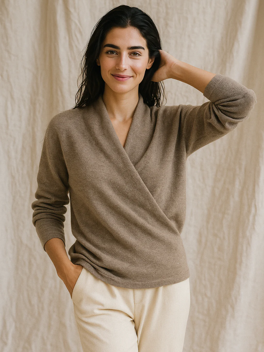 Womens Wrap Sweater Cashmere-Feel Knit V-Neck Long Sleeve Relaxed Fit - BritishMode