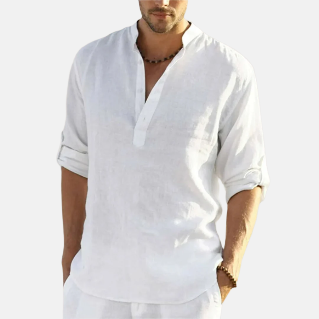 Mens Linen Shirt Collarless Placket Style - BritishMode