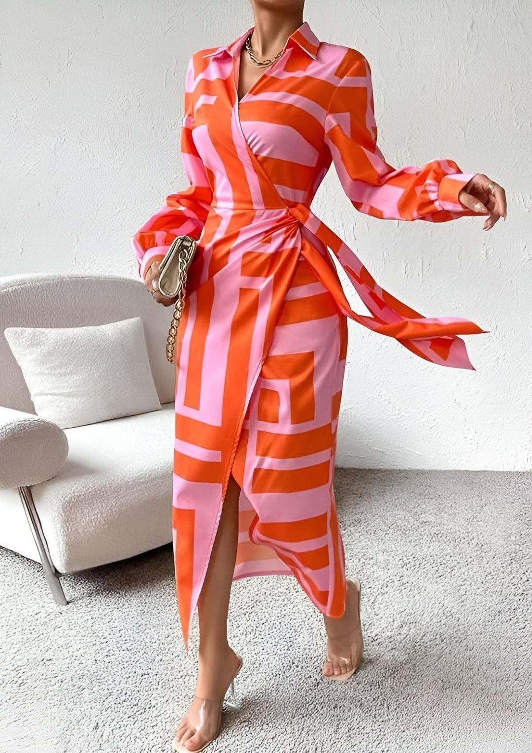 Womens Wrap Dress with Stripe Pattern Classic Fit - BritishMode