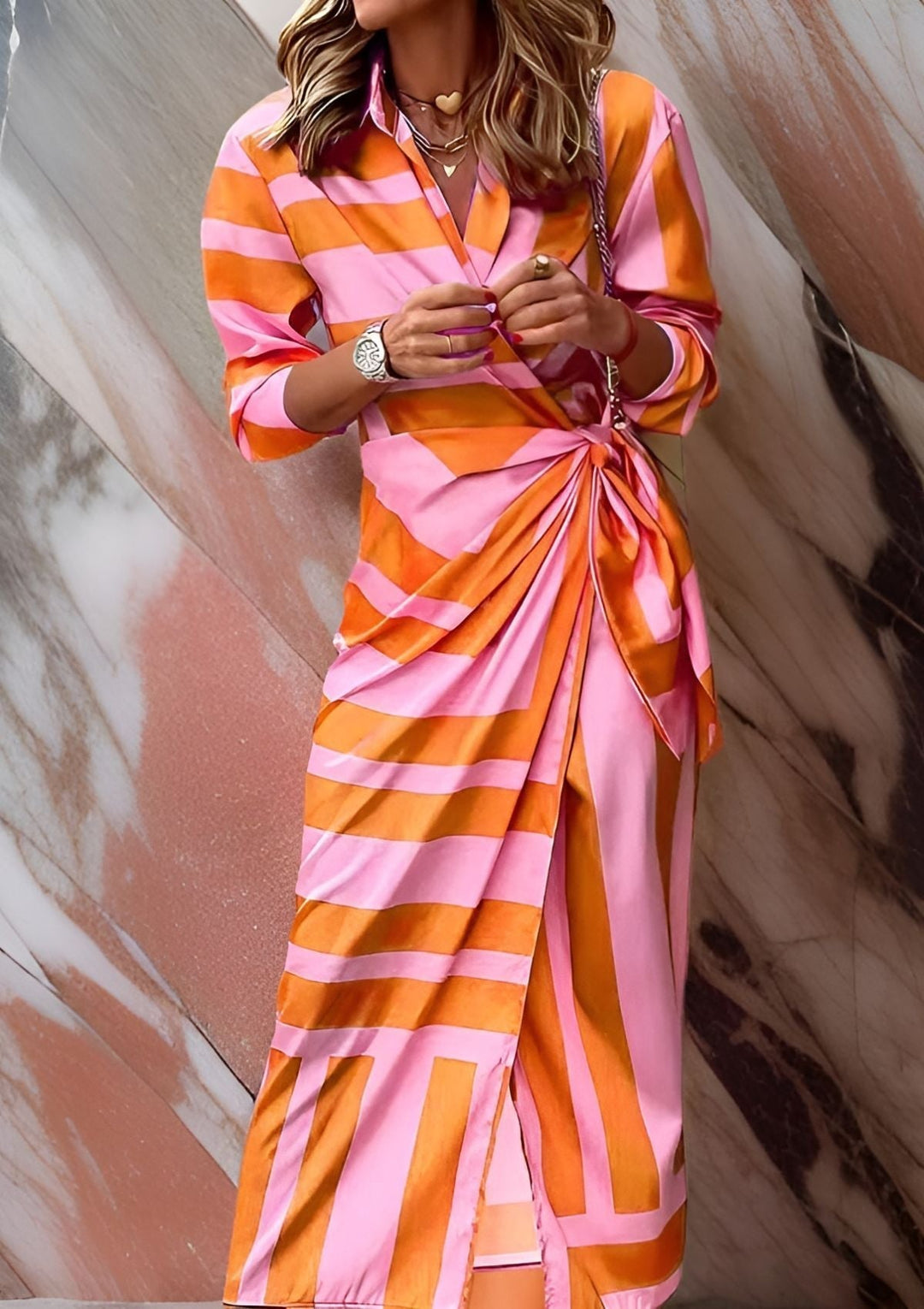 Womens Wrap Dress with Stripe Pattern Classic Fit