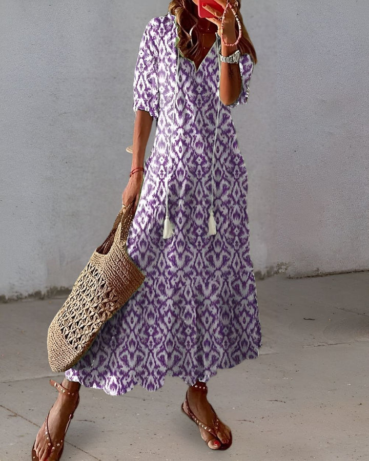 Womens Maxi Dress Tassel Tie Front Ruffle Sleeves