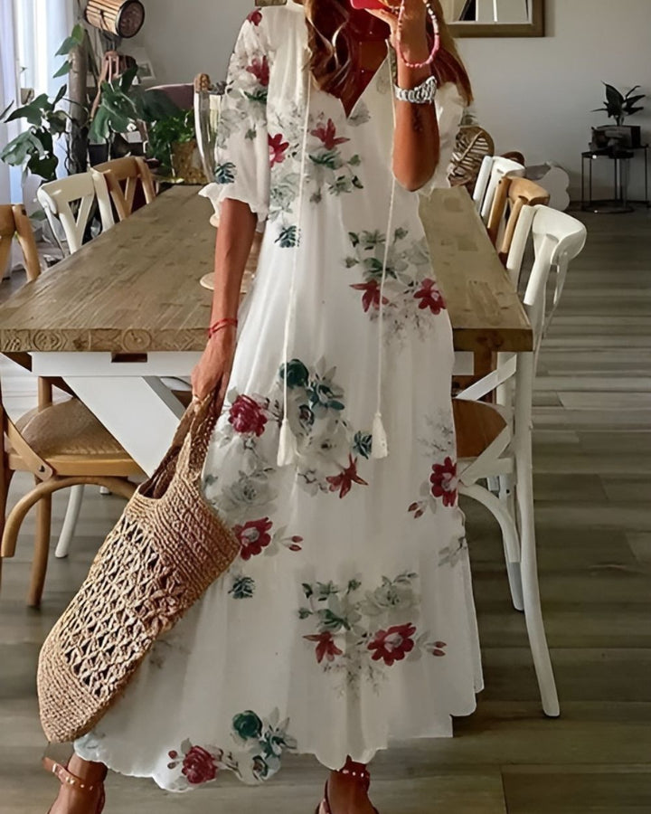 Womens Maxi Dress Tassel Tie Front Ruffle Sleeves