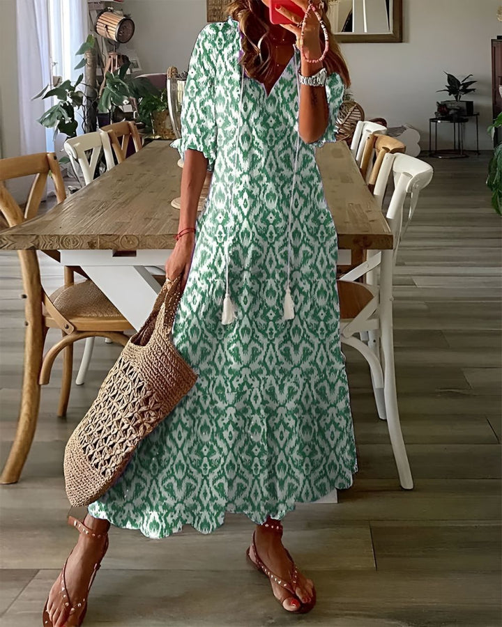 Womens Maxi Dress Tassel Tie Front Ruffle Sleeves