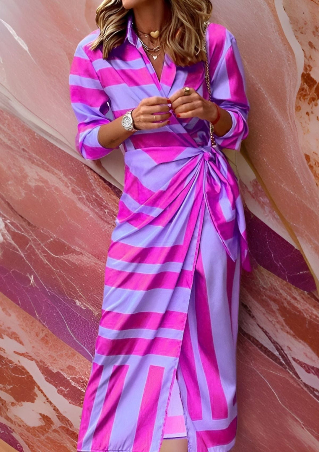 Womens Wrap Dress with Stripe Pattern Classic Fit