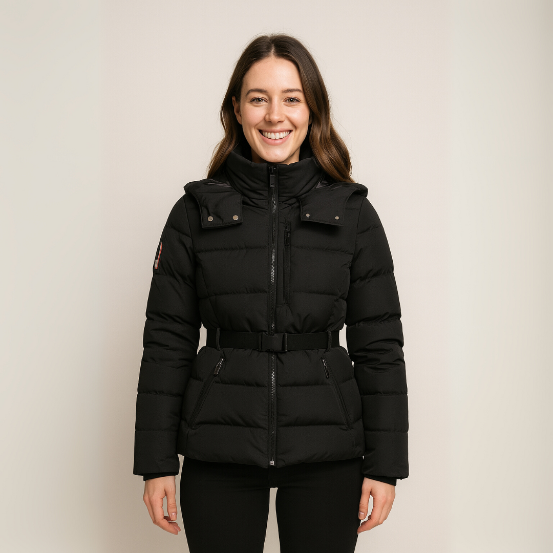 Womens Puffer Jacket Quilted with Belted Waist and High Collar - BritishMode