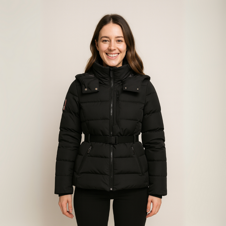 Womens Puffer Jacket Quilted with Belted Waist and High Collar - BritishMode