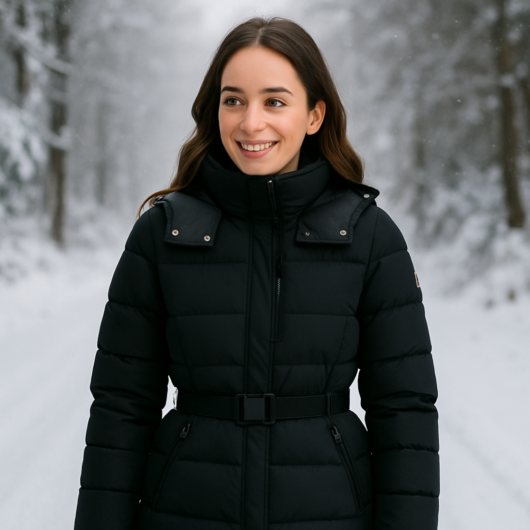 Womens Puffer Jacket Quilted with Belted Waist and High Collar