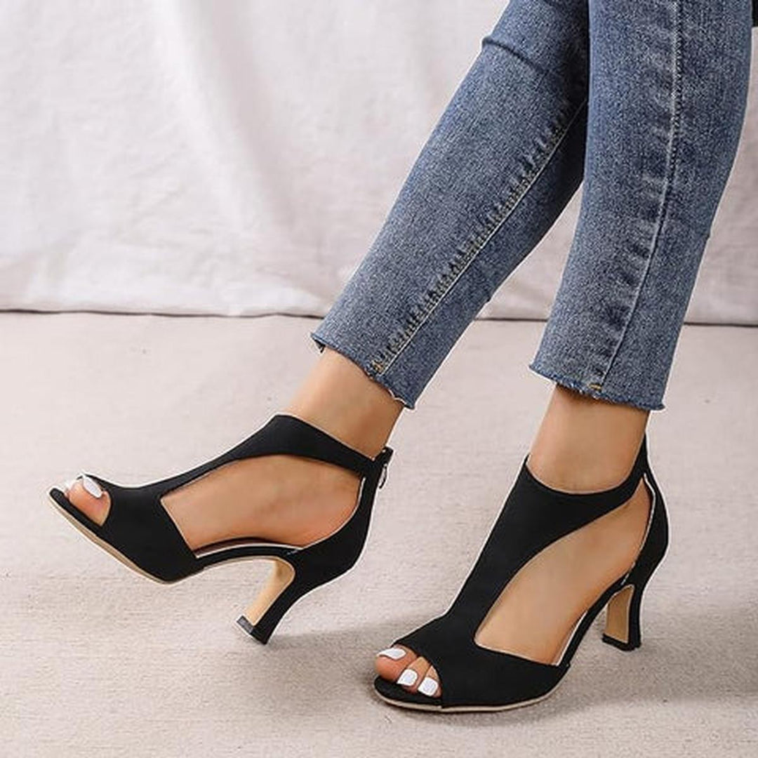 Womens Peep Toe Sandals with Cutout Ankle Cuff Kitten Heel - BritishMode