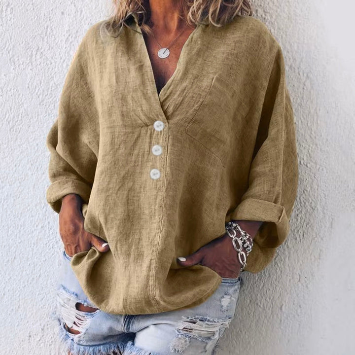 Womens Oversized Polyester Blouse Relaxed Fit V-Neck Shirt