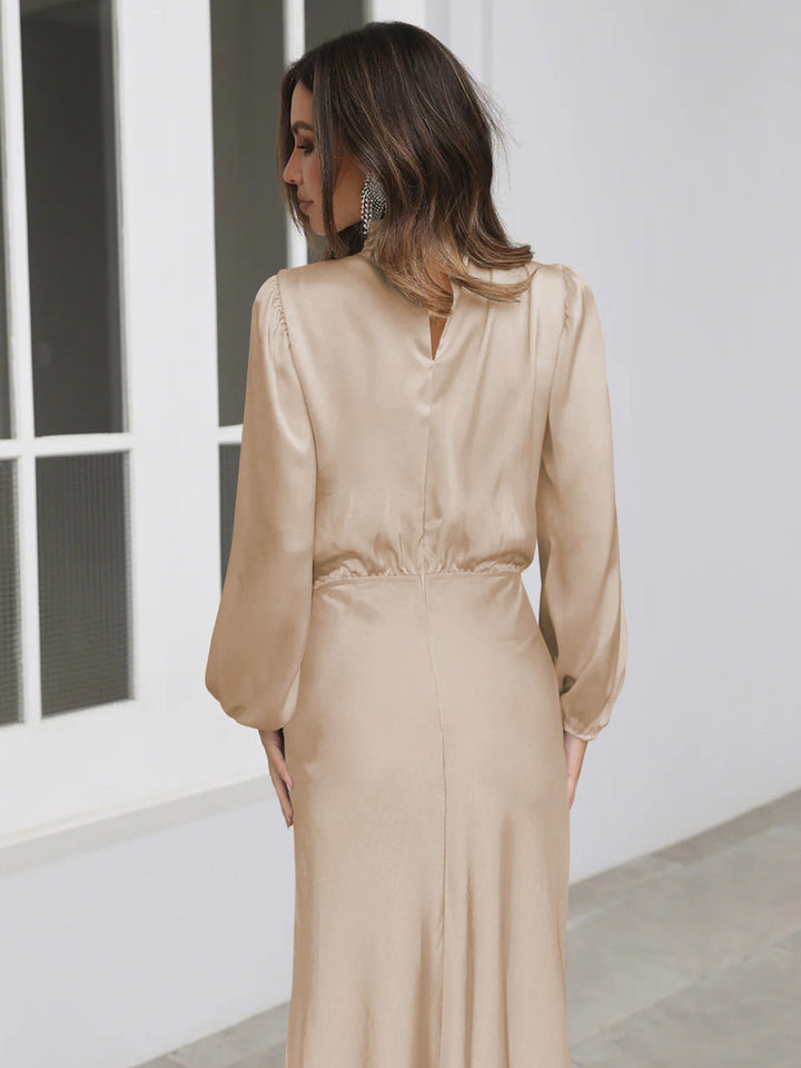 Womens Satin Bodycon Midi Dress Long Sleeve