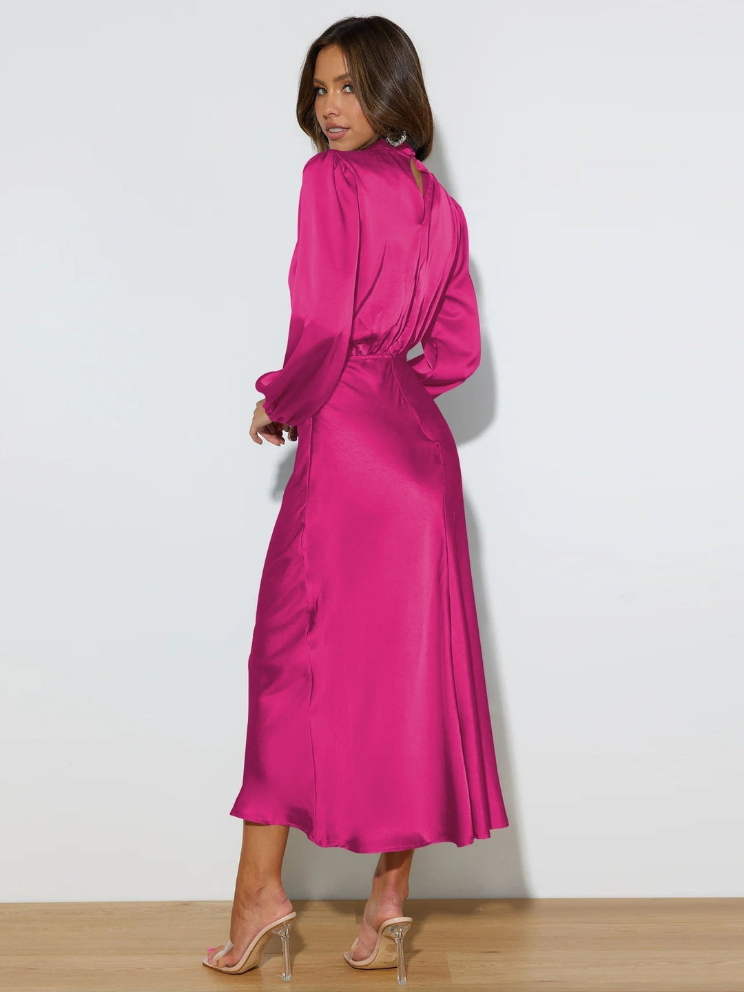 Womens Satin Bodycon Midi Dress Long Sleeve